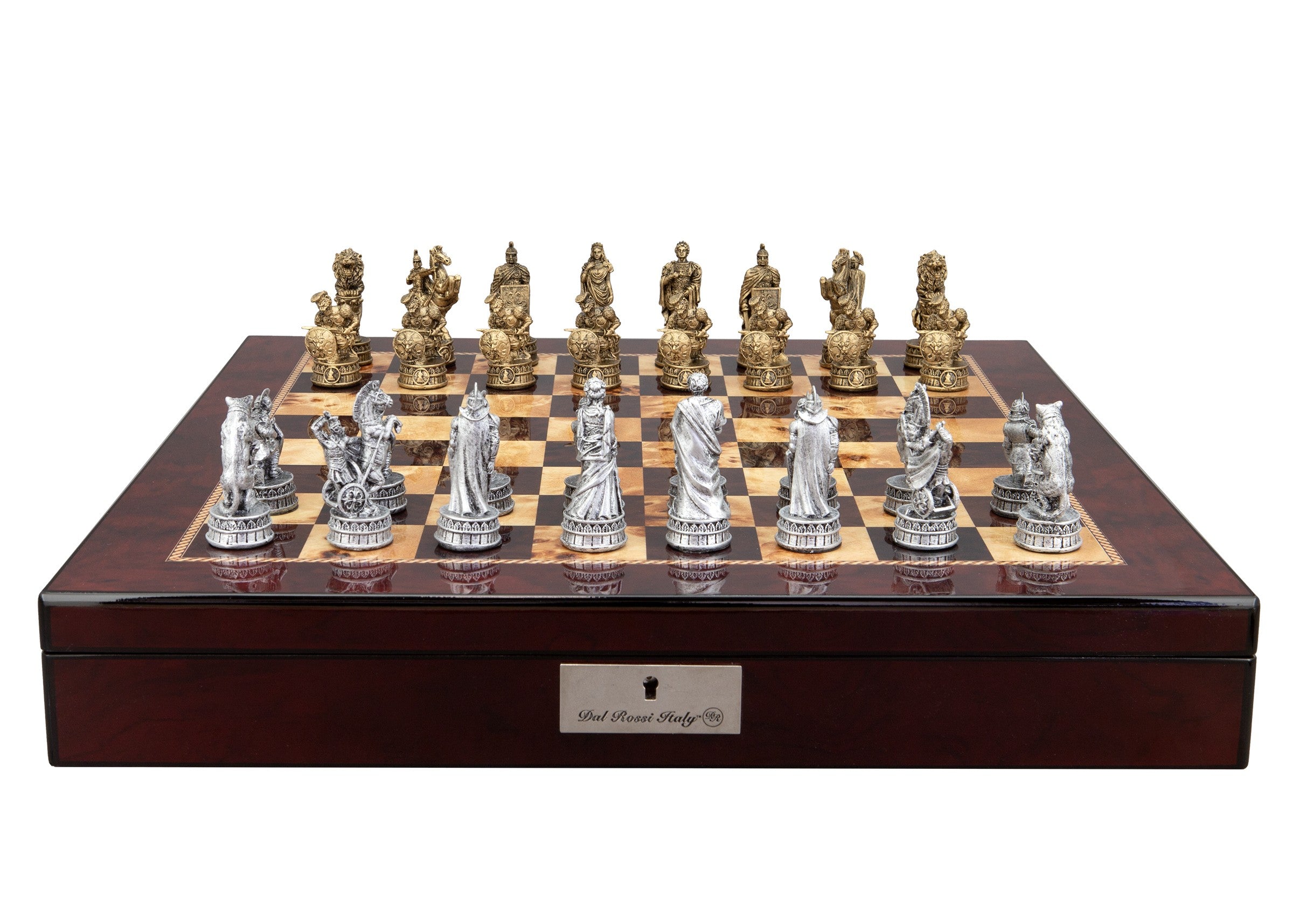 Dal Rossi Italy Roman Chessmen on a Mahogany Finish Shiny Chess Box with Compartments 20"