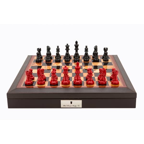 Dal Rossi Italy Brown PU Leather Bevilled Edge chess box with compartments 18" with French Lardy Black/Red 85mm Chessmen