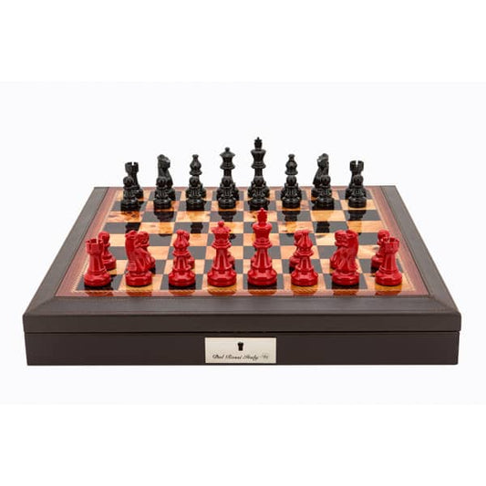 Dal Rossi Italy Brown PU Leather Bevilled Edge chess box with compartments 18" with French Lardy Black/Red 85mm Chessmen