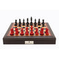 Dal Rossi Italy Brown PU Leather Bevilled Edge chess box with compartments 18" with French Lardy Black/Red 85mm Chessmen