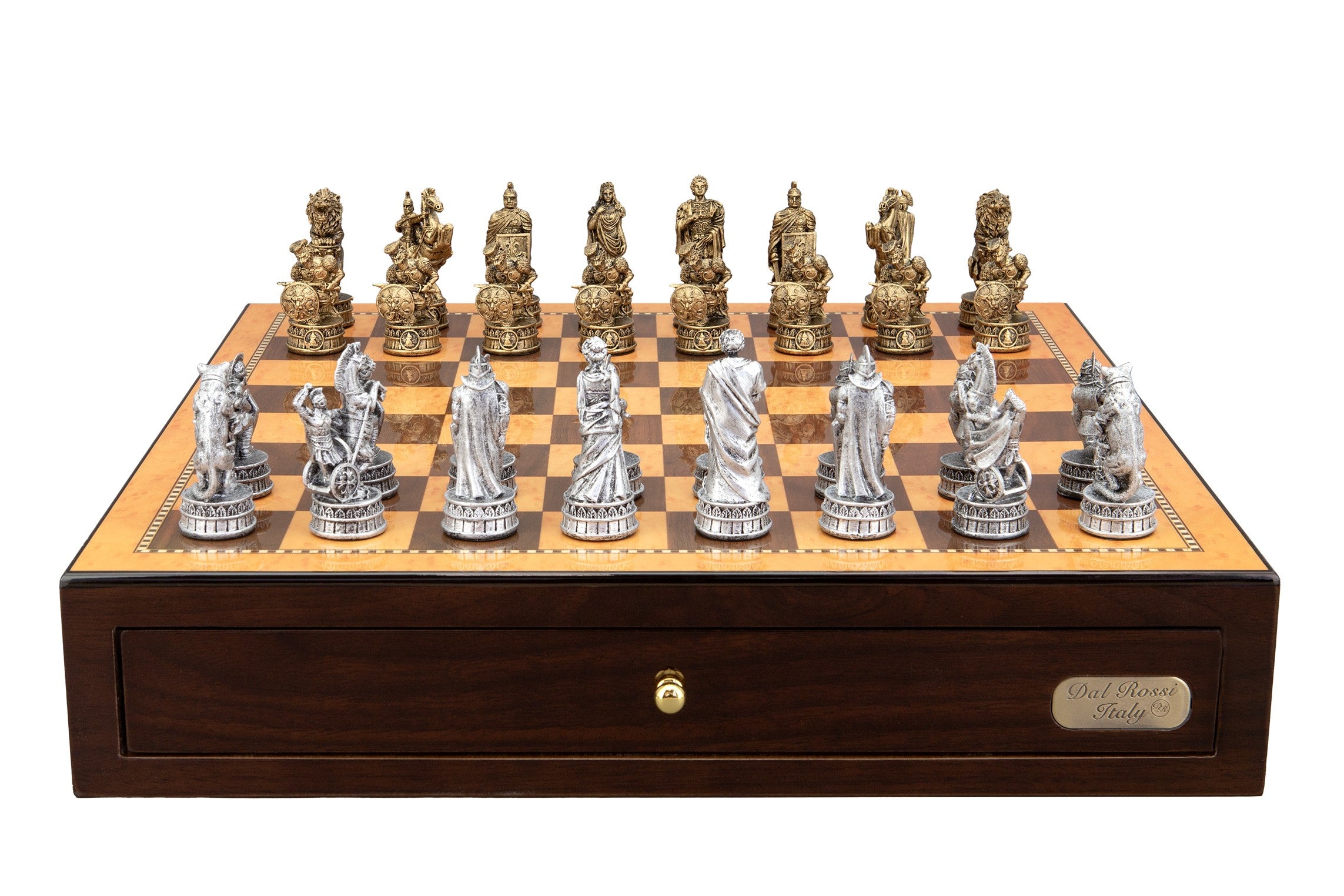 Dal Rossi Italy Roman Chessmen on a Shiny Walnut Chess Box with two Drawers 18"