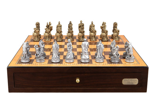 Dal Rossi Italy Roman Chessmen on a Shiny Walnut Chess Box with two Drawers 18"