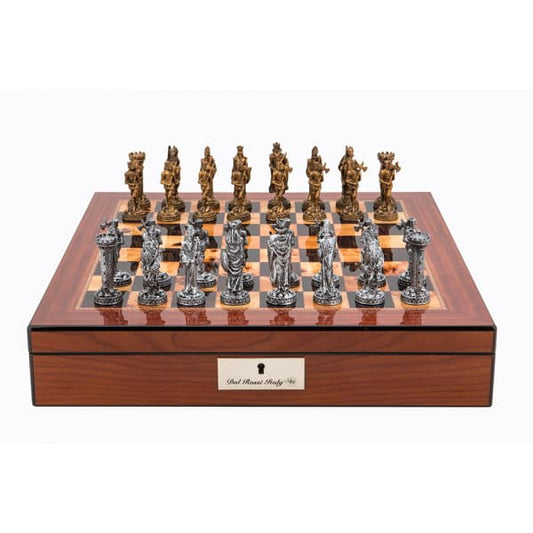 Dal Rossi Italy Walnut Finish chess box with lock & compartments 16” with Medieval Pewter Chessmen