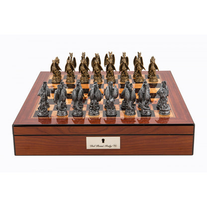 Dal Rossi Italy Walnut Finish chess box with lock & compartments 16” with Dragon Pewter Chessmen