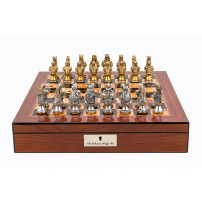 Dal Rossi Italy Walnut Finish chess box with lock & compartments 16” with Medieval Warriors Resin Chessmen