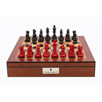 Dal Rossi Italy Walnut Finish chess box with lock & compartments 16” with French Lardy Black/Red 85mm Chessmen