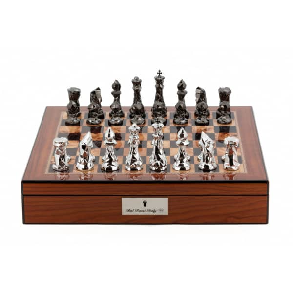 Dal Rossi Chess Set With Diamond-Cut Titanium & Silver 85mm Chessmen on Walnut Finish Chess Box 16” with compartments