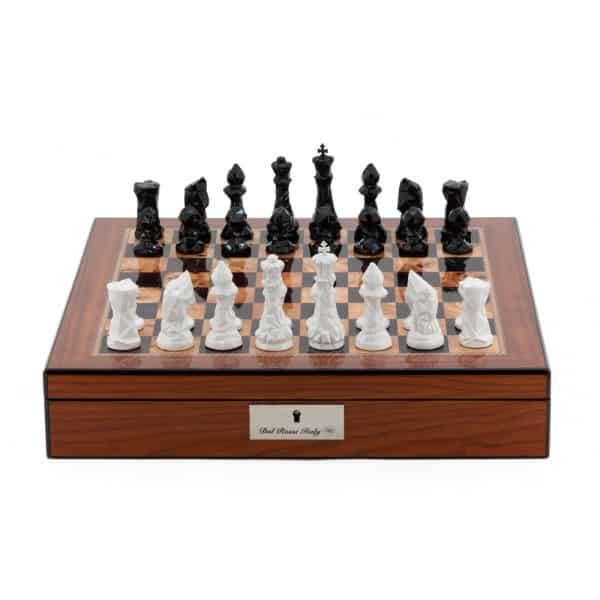 Dal Rossi Chess Set With Diamond-Cut Copper & Bronze 85mm Chessmen on Walnut Finish Chess Box 16” with compartments