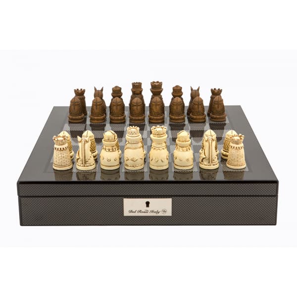 Dal Rossi Italy Carbon Fibre Shiny Finish chess box with compartments 16” with Medieval Resin Chessmen