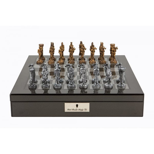 Dal Rossi Italy Carbon Fibre Shiny Finish chess box with compartments 16” with Medieval Pewter Chessmen