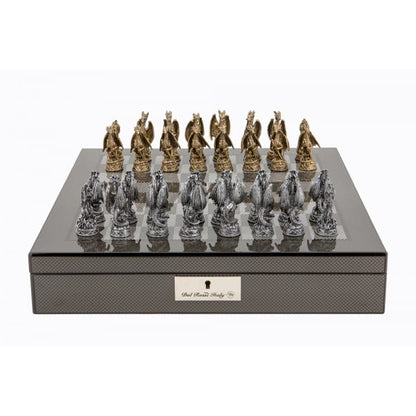 Dal Rossi Italy Carbon Fibre Shiny Finish chess box with compartments 16” with Dragon Pewter Chessmen