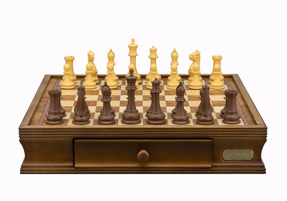 Dal Rossi Italy Chess Set Walnut Finish 16″ With Two Drawers, Queen Gambit Chessmen 90mm