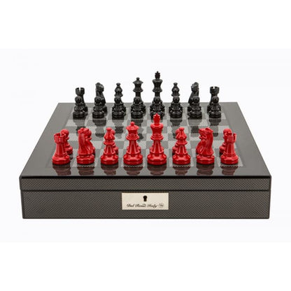 Dal Rossi Italy Carbon Fibre Shiny Finish chess box with compartments 16” With French Lardy Black/Red 85mm Chessmen