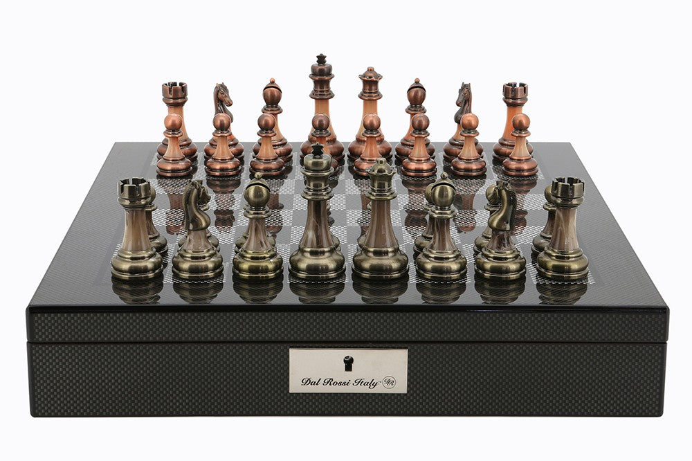 Dal Rossi Italy Carbon Fibre Finish chess box with compartments 16” With Antique Chessmen