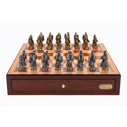 Dal Rossi Italy Red Mahogany Finish chess box with compartments 18" with Dragon Pewter Chessmen