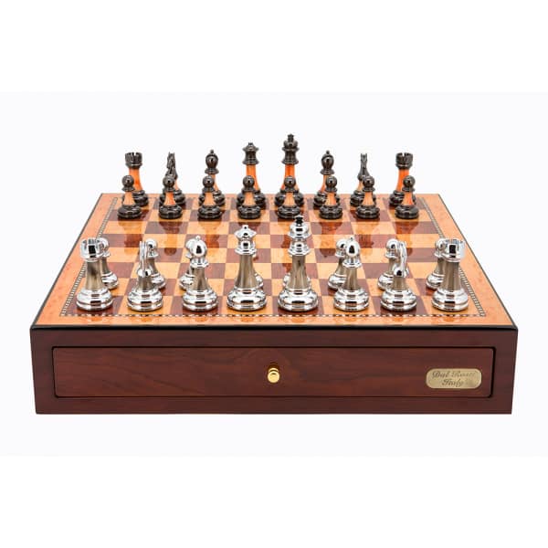 Dal Rossi Italy Red Mahogany Finish chess box with compartments 18" with Staunton Metal/Marble Finish Chessmen