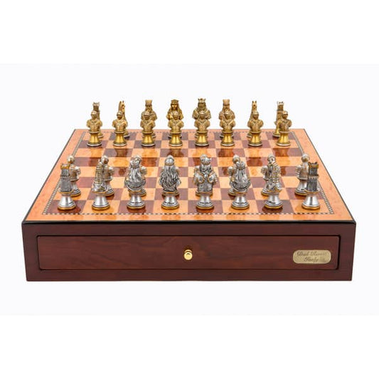 Dal Rossi Italy Red Mahogany Finish chess box with compartments 18" with Medieval Warriors Resin Chessmen