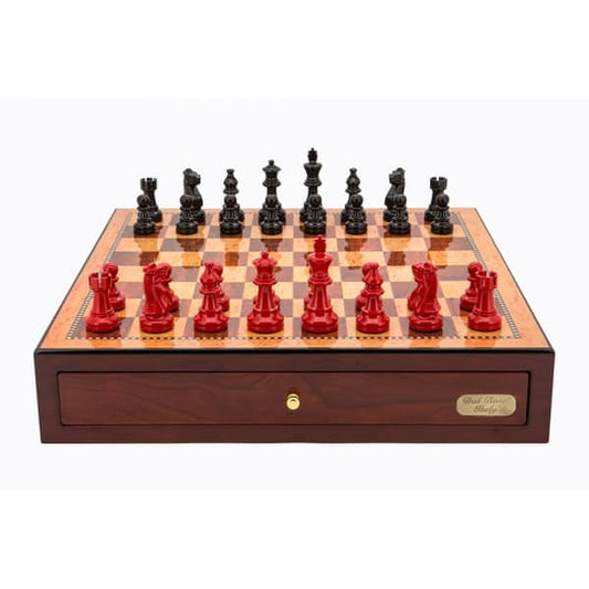 Dal Rossi Italy Red Mahogany Finish chess box with compartments 18" with French Lardy Black/Red 85mm Chessmen