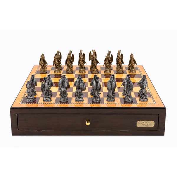 Dal Rossi Italy Walnut Finish chess box with compartments 18" with Dragon Pewter Chessmen