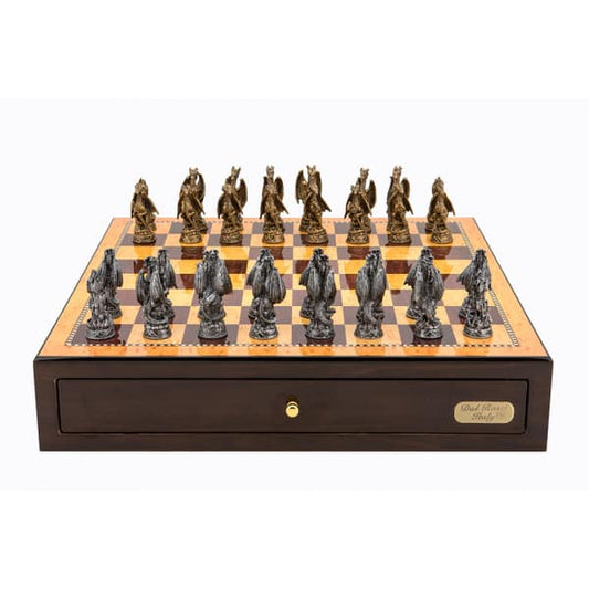 Dal Rossi Italy Walnut Finish chess box with compartments 18" with Dragon Pewter Chessmen