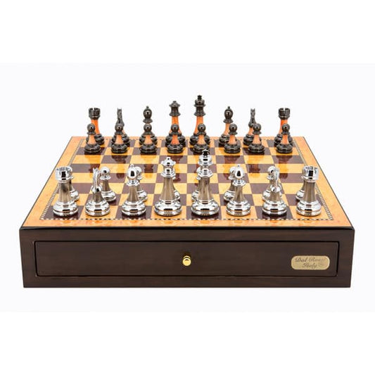 Dal Rossi Italy Walnut Finish chess box with compartments 18" with Staunton Metal/Marble Finish Chessmen