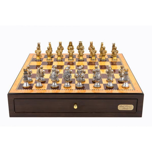 Dal Rossi Italy Walnut Finish chess box with compartments 18" with Medieval Warriors Resin Chessmen