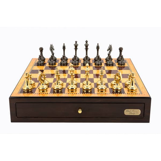 Dal Rossi Italy Walnut Finish chess box with compartments 18" with Staunton Brass Titanium Cap Chessmen