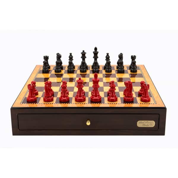 Dal Rossi Italy Walnut Finish chess box with compartments 18" with French Lardy Black/Red 85mm Chessmen