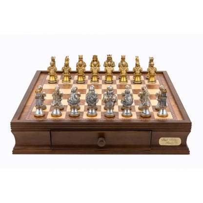 Dal Rossi Italy chess box with drawers 16” With Medieval Warriors Resin Chessmen