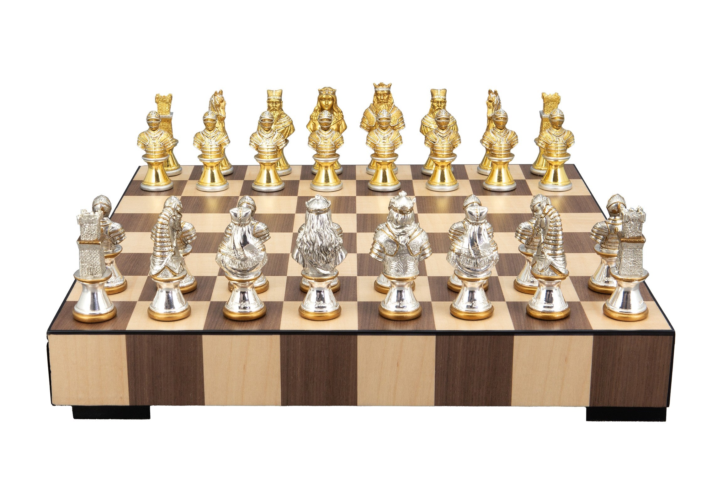 Dal Rossi Italy, Medieval Warriors Metal Chessmen 85mm on a Chess Set with Drawer 14"