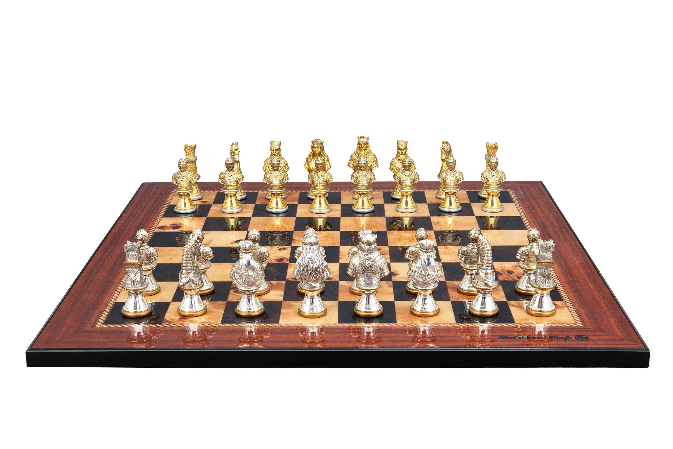 Dal Rossi Italy, Medieval Warriors Metal Chessmen 85mm on a Walnut Shinny Finish, 50cm Chess Board