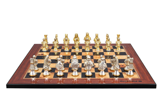 Dal Rossi Italy, Medieval Warriors Metal Chessmen 85mm on a Walnut Shinny Finish, 50cm Chess Board