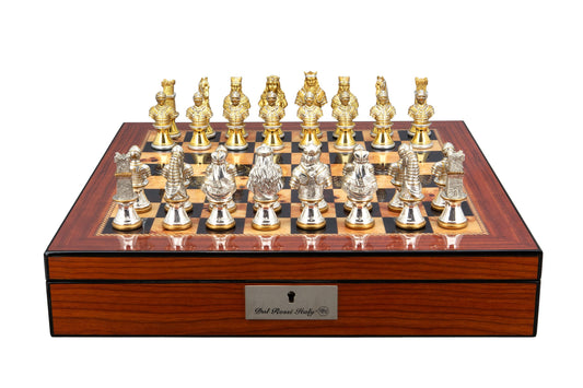 Dal Rossi Medieval Warriors Metal Chessmen 85mm on a Walnut Finish Shiny Chess Box with Compartments 16"