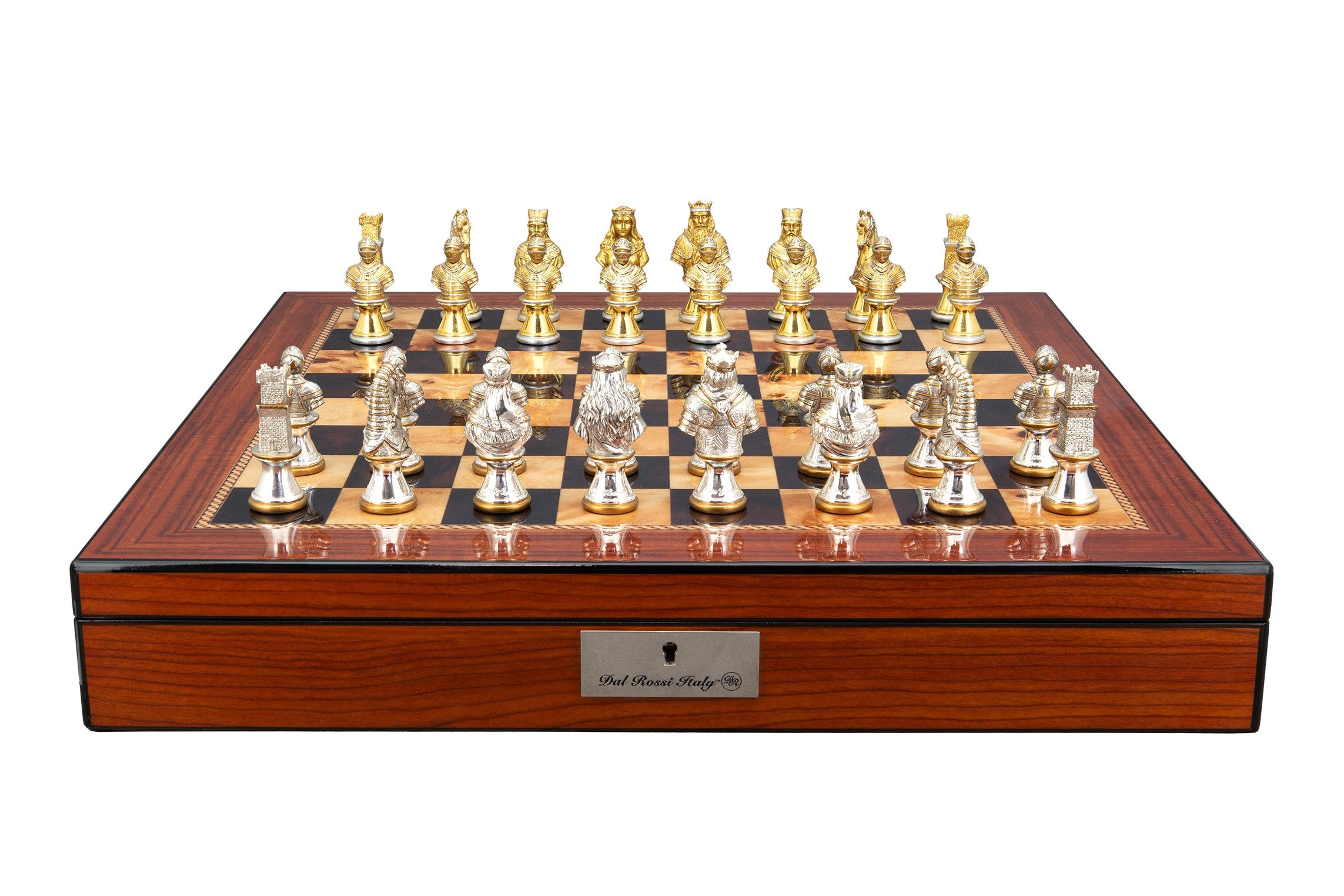 Dal Rossi Medieval Warriors Metal Chessmen 85mm on a Walnut Finish Shiny Chess Box with Compartments 20"