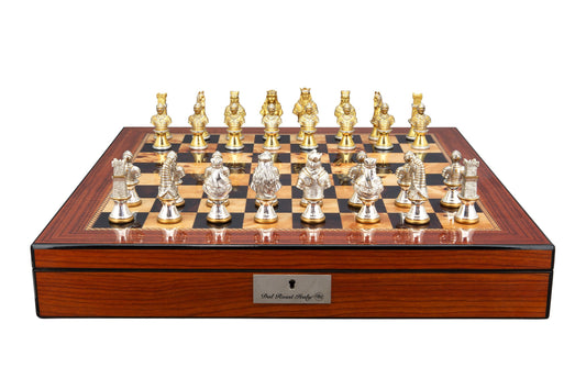 Dal Rossi Medieval Warriors Metal Chessmen 85mm on a Walnut Finish Shiny Chess Box with Compartments 20"