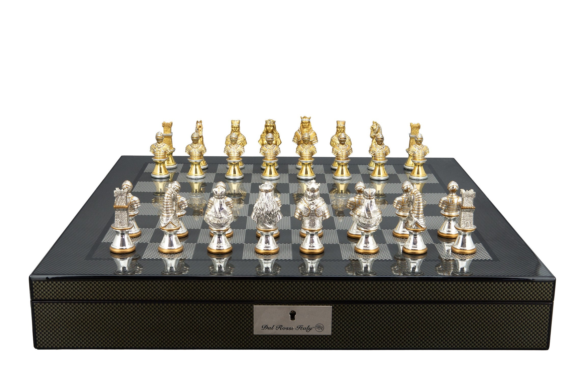 Dal Rossi Medieval Warriors Metal Chessmen 85mm on a Carbon Fibre Finish Shiny Chess Box with Compartments 20"