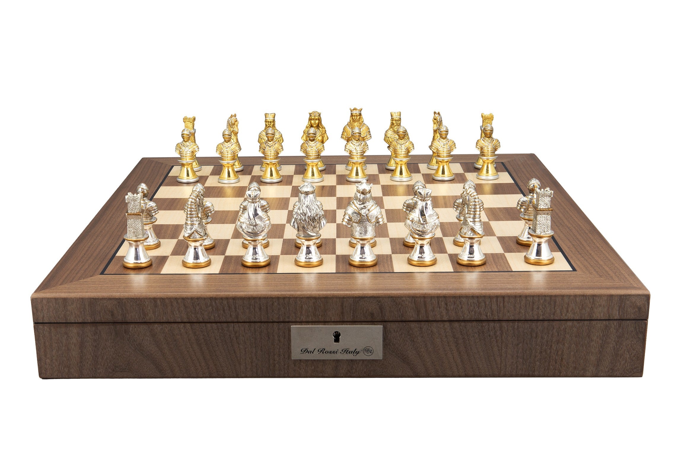 Dal Rossi Medieval Warriors Metal Chessmen 85mm on a Walnut Inlaid Chess Box with Compartments 20"