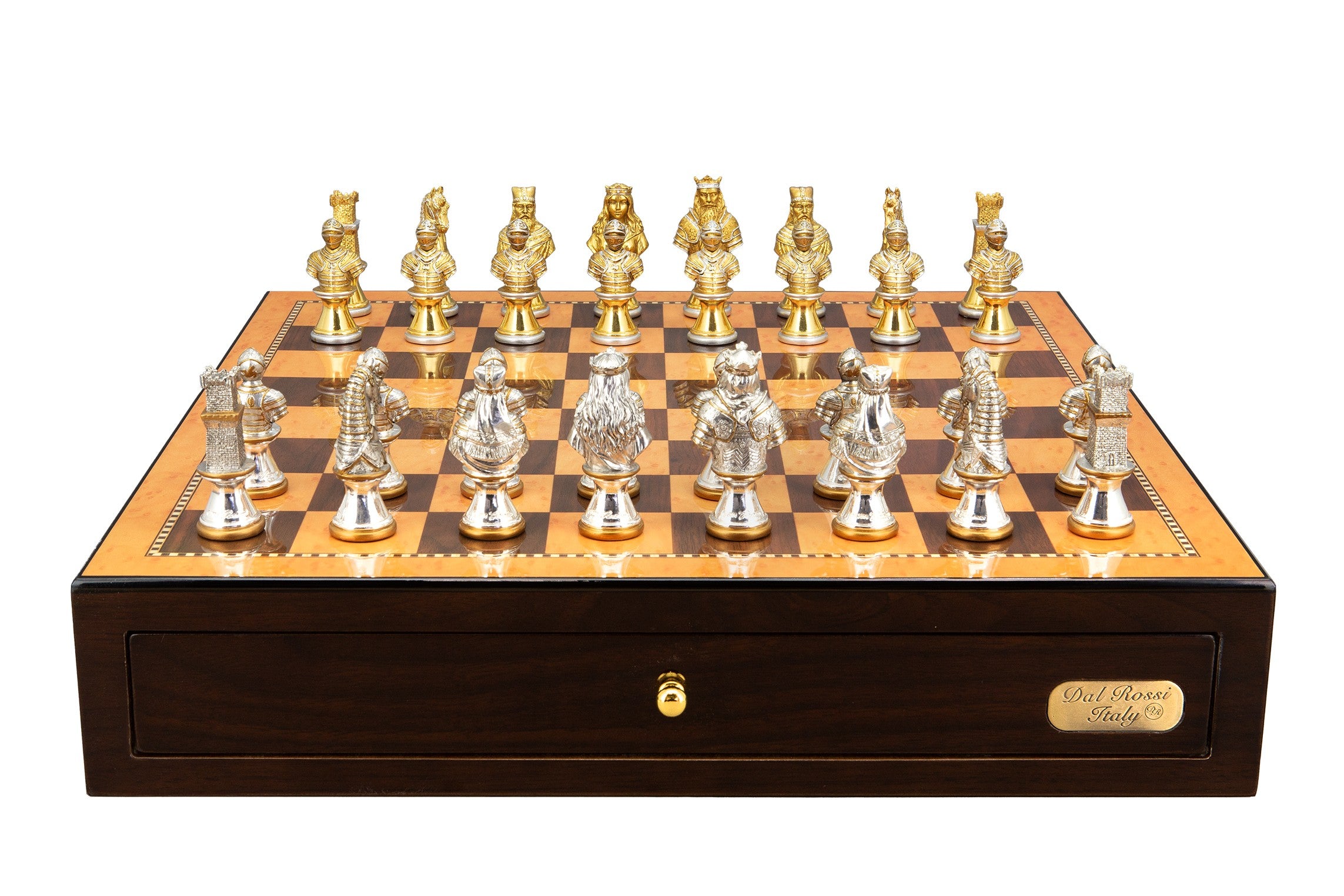 Dal Rossi Italy, Medieval Warriors Metal Chessmen 85mm on a Shiny Mahogany Chess Box with two Drawers 18"