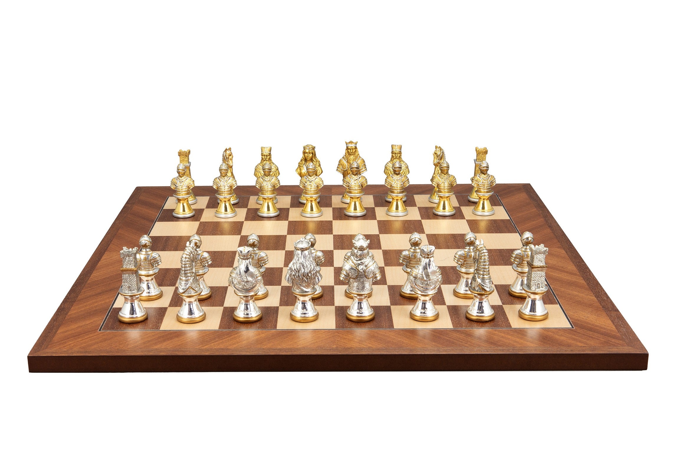Dal Rossi Italy, Medieval Warriors Metal Chessmen 85mm on a Mahogany / Maple, 50cm Chess Board