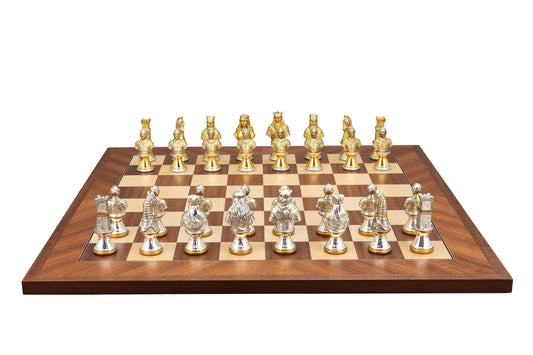 Dal Rossi Italy, Medieval Warriors Metal Chessmen 85mm on a Mahogany / Maple, 50cm Chess Board