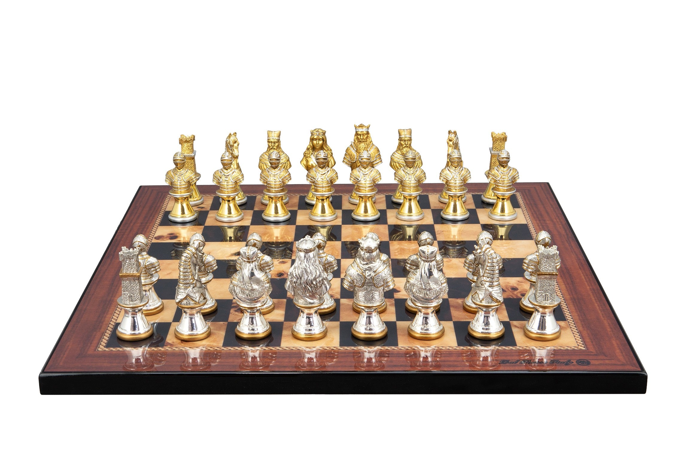 Dal Rossi Italy, Medieval Warriors Metal Chessmen 85mm on a Walnut Shinny Finish, 40cm Chess Board