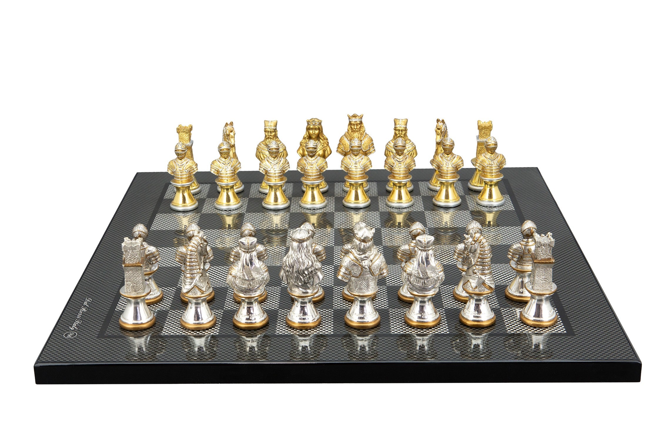 Dal Rossi Italy, Medieval Warriors Metal Chessmen 85mm on a Carbon Fibre Shinny Finish, 40cm Chess Board