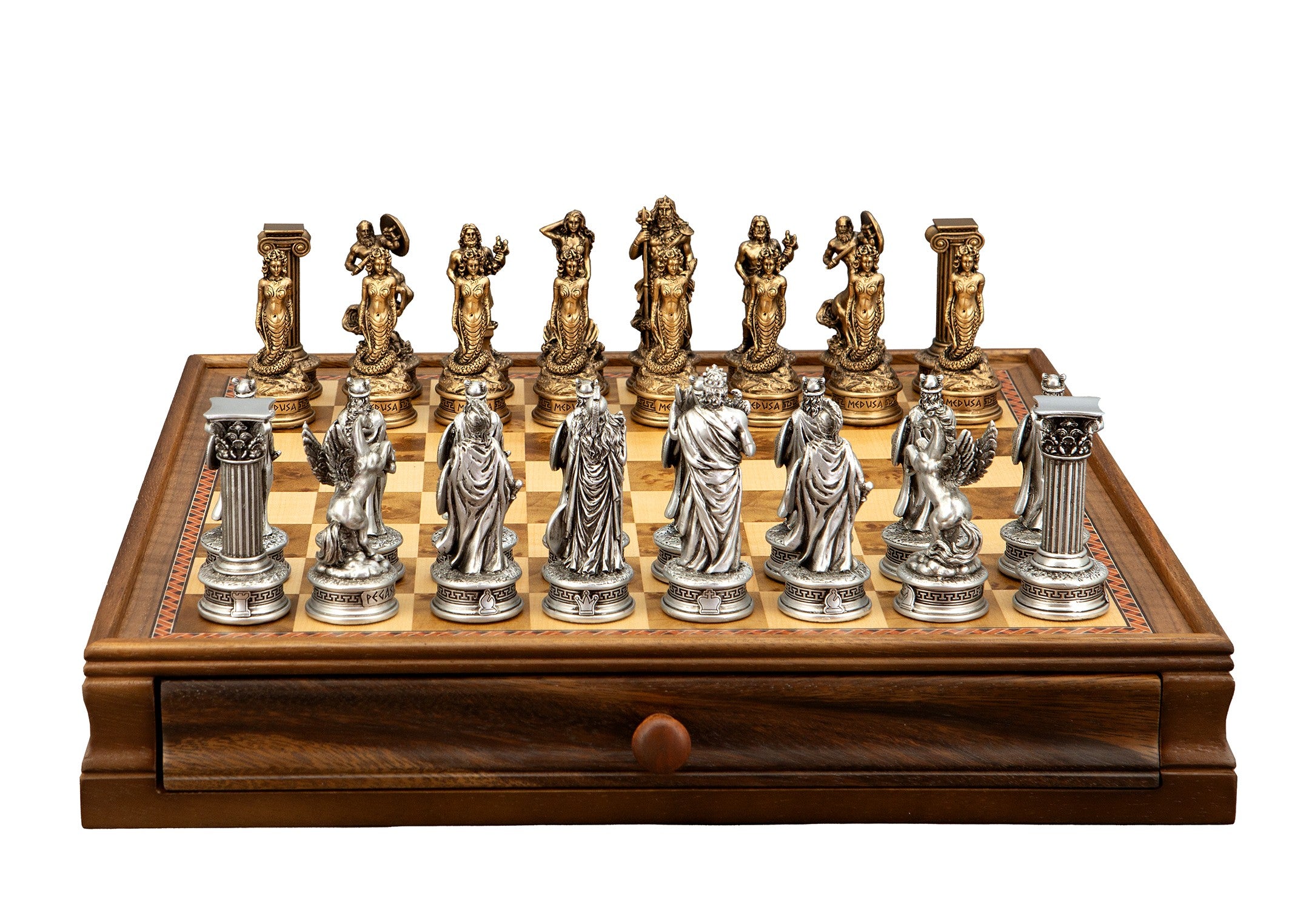 Dal Rossi Italy European Warriors Chessmen 85mm on a Chess Set with Drawer 15"