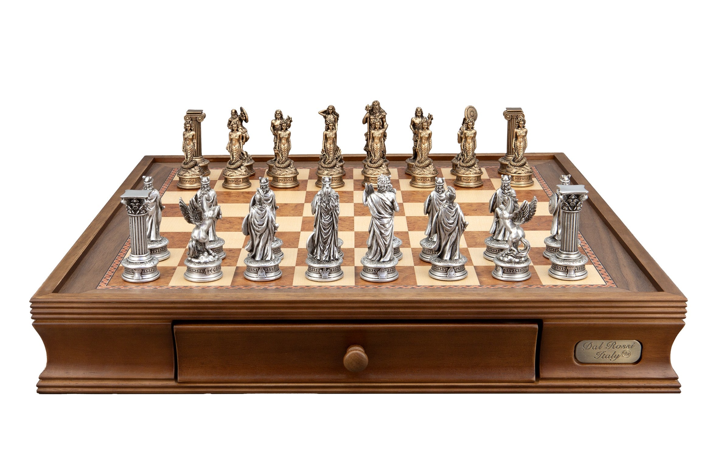 Dal Rossi Italy European Warriors on a Walnut Finish, Chess Box with Two Drawers 20"