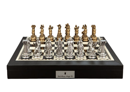 Dal Rossi Italy European Warriors Chessmen 85mm on a Black PU Leather Bevelled Edge chess box with compartments 18"