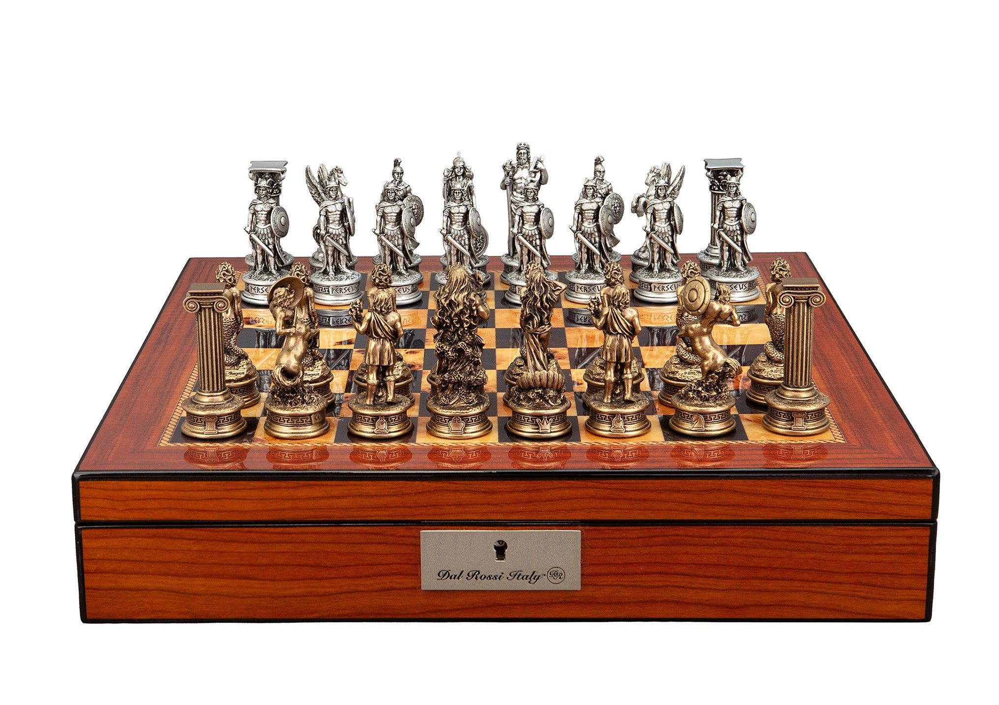 Dal Rossi Italy European Warriors Chessmen 85mm on a Walnut Finish Shiny Chess Box with Compartments 16"