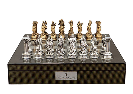 Dal Rossi Italy European Warriors Chessmen 85mm on a Carbon Fibre Finish Shiny Chess Box with Compartments 16"