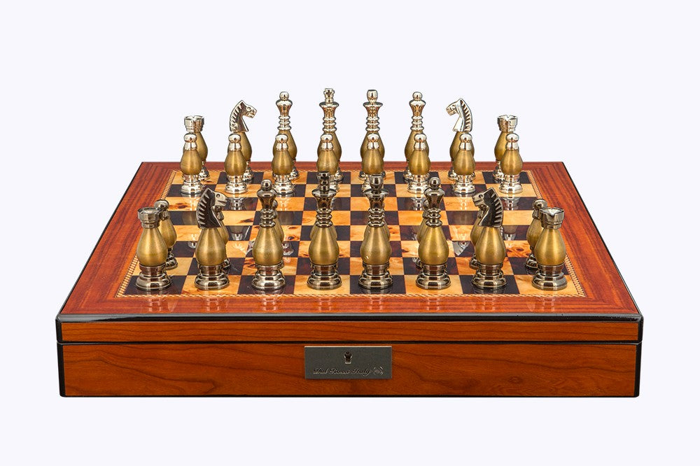 Dal Rossi Italy, Metal light gold plated Chessmen 100mm on a 20" Walnut Finish Board with Compartments