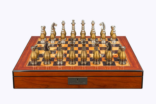 Dal Rossi Italy, Metal light gold plated Chessmen 100mm on a 20" Walnut Finish Board with Compartments