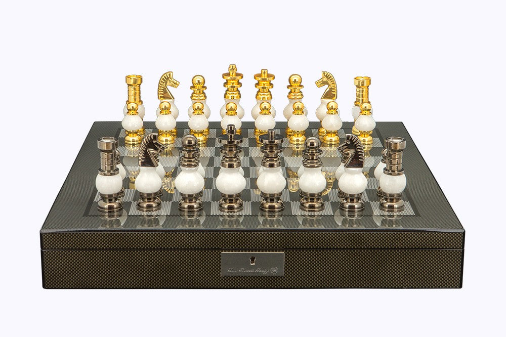 Dal Rossi Italy Chess Set on a 20" Board & Box with White Stone and Gold , Silver Chessmen